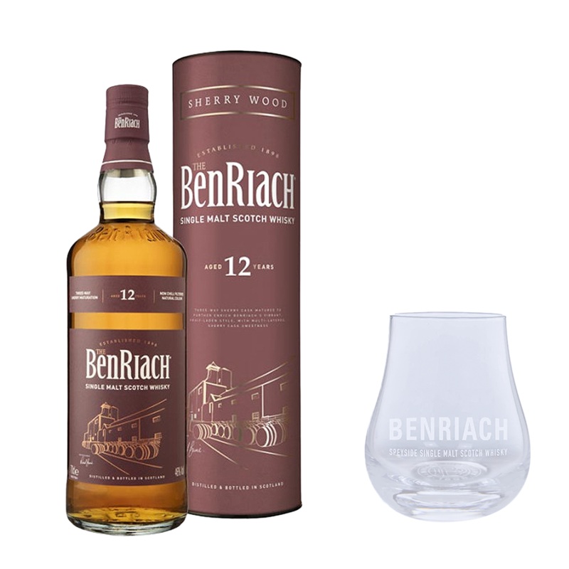 Benriach 12YO Sherrywood Cask Whiskey 700ml with FREE 1x Benriach Spey Glass