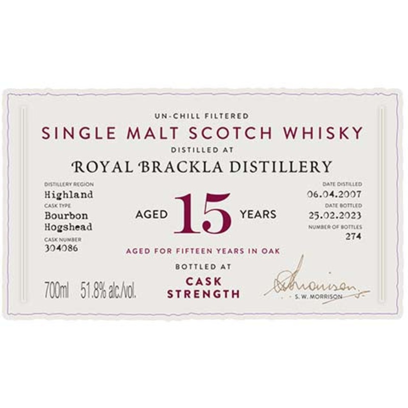 A.D. Rattray Royal Brackla Aged 15 Years Single Malt Scotch Whisky 700ML BTL